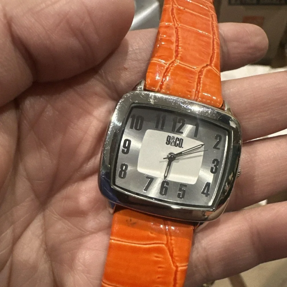 Working‎ 9&Co Ladies Quartz Watch 36mm Rectangle Silver Tone Orange Leather Band